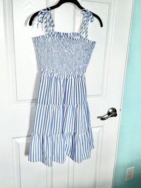 blue and white striped dress
